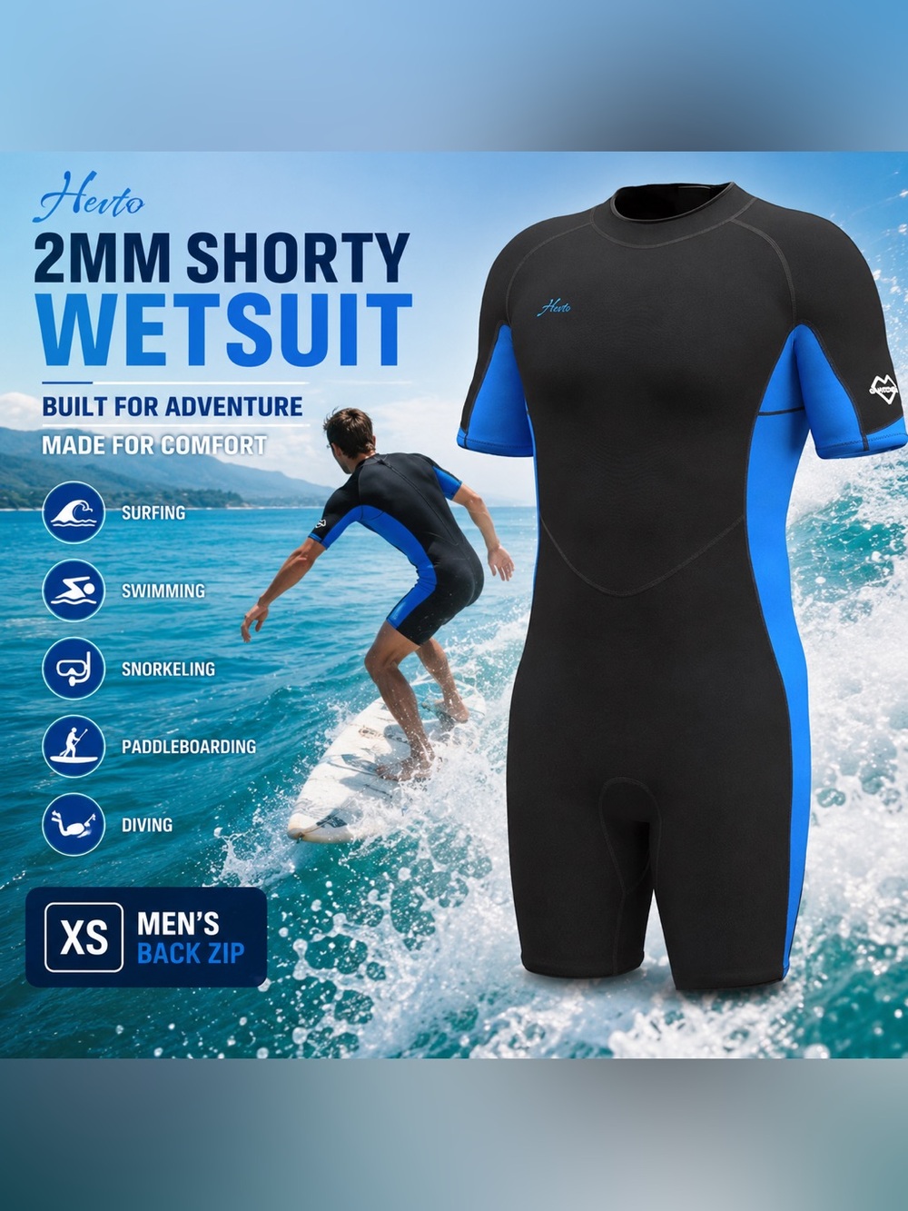 Hevto 2mm Mens Shorty Wetsuit XS Blue/Black Neoprene Back Zip Surf Swim Dive NWT